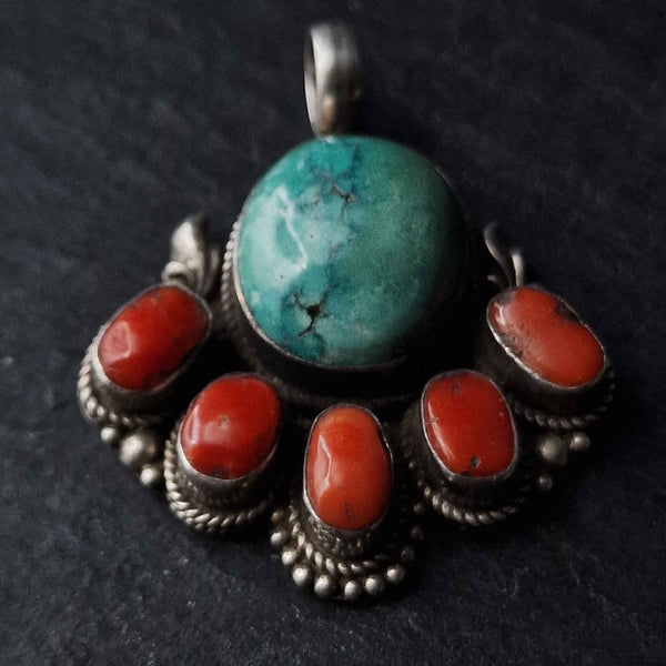Gorgeous Turquoise and Coral Silver Sterling Pendant