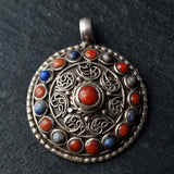 Handcrafted Auspicious Mandela Lapis and Coral Silver Pendant - Baga Ethnik Living Default Title Pendants