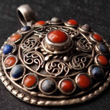Handcrafted Auspicious Mandela Lapis and Coral Silver Pendant - Baga Ethnik Living Default Title Pendants