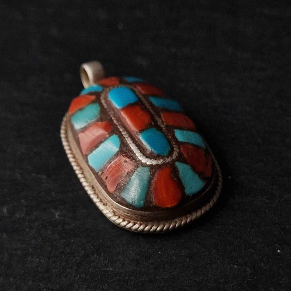 Vintage Turquoise and Coral Sterling Silver Pendant