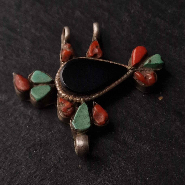 Vintage Tibetan Jewellery Pendant Necklace Black Agate Coral