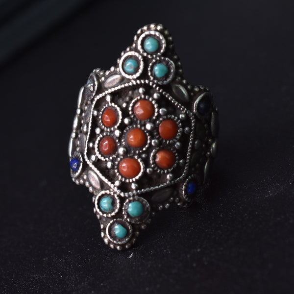 Vintage Coral and Turquoise Stones Tibetan Silver Ring