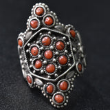 Vintage Coral and Turquoise Stones Tibetan Silver Ring - Baga Ethnik Living Coral - Ring size UK-T Rings