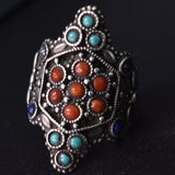 Vintage Coral and Turquoise Stones Tibetan Silver Ring - Baga Ethnik Living Coral - Ring size UK-T Rings