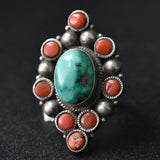Vintage Turquoise and Coral Tibetan Silver Ring - Baga Ethnik Living Ring size - UK R Rings