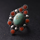 Tibetan Turquoise & Coral Ring – 925 Sterling Silver Statement Jewellery