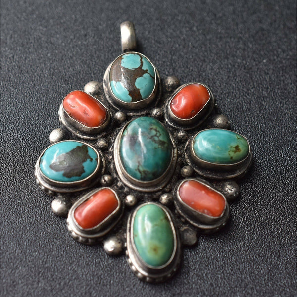 Harmonious Turquoise and Coral Sterling Silver Pendant