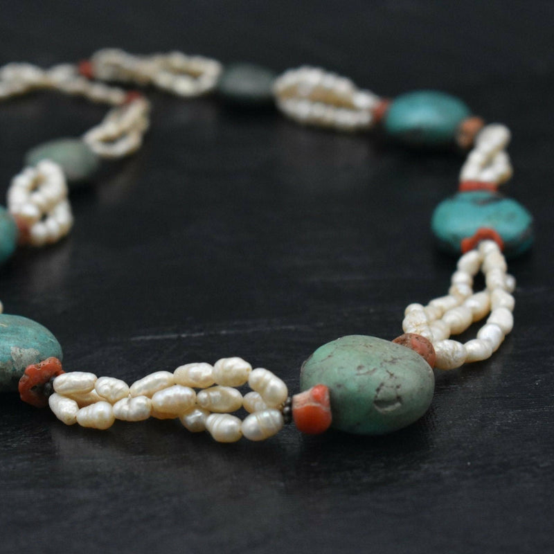 Vintage Turquoise Coral and Pearl Necklace - A Rare Piece!