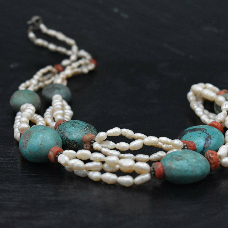 Vintage Turquoise Coral and Pearl Necklace - A Rare Piece!