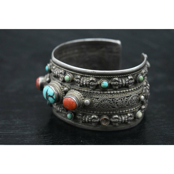 Antique Handmade Turquoise and Coral Bracelet Cuff