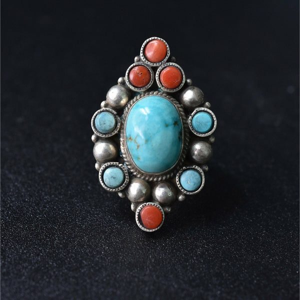 Handmade Vintage Coral and Turquoise Tibetan Silver Ring
