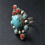 Handcrafted Tibetan silver ring with turquoise and coral stones, ethnic vintage jewelry