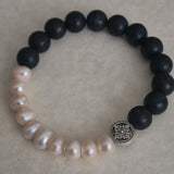 Himalayan Freshwater Pearl & Lava Stone Yin Yang Style Bracelet