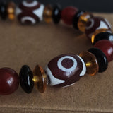 Handmade Red Agate 3-Eye Dzi Bracelet with Citrine & Obsidian Gemstones
