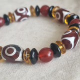 Handmade Red Agate 3-Eye Dzi Bracelet with Citrine & Obsidian Gemstones