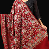 Tilla Embroidery Fine Pashmina Wool Shawl – Wine Red