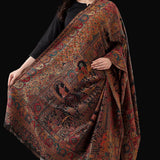 Black Kani Pashmina Blend Wool Shawl - Handwoven Mughal Scene