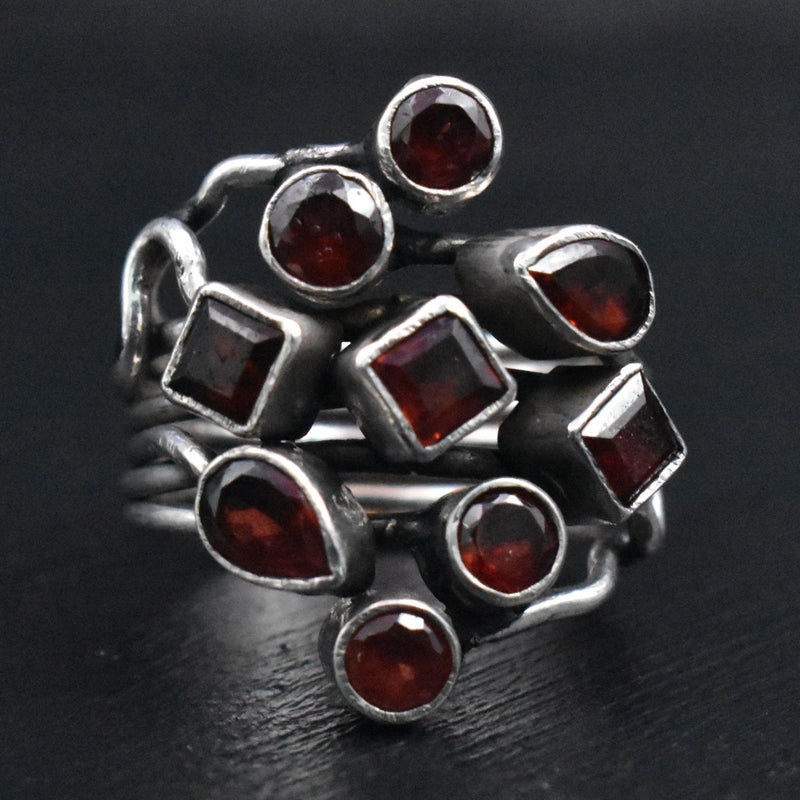 Handcrafted Artisan Himalayan Red Garnet Cluster Silver Sterling Ring - Baga Ethnik Living