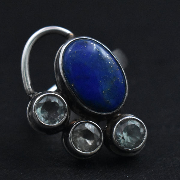 Extravagant Lapis Lazuli and Faceted Blue Topaz Silver Sterling Ring - Baga Ethnik Living