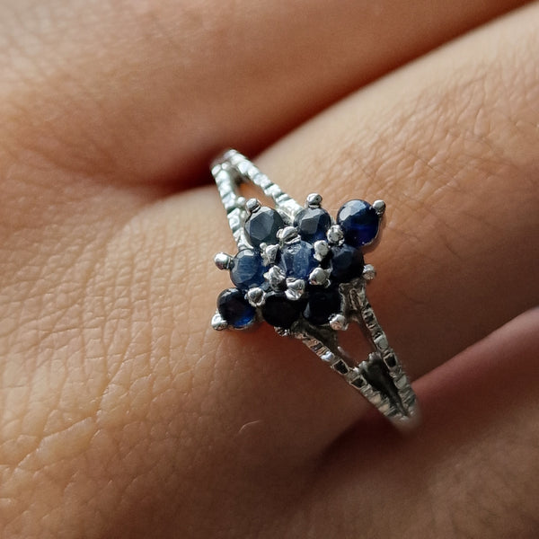 Clustered Blue Sapphire Silver Ring Engagement Ring