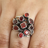 Handcrafted Artisan Himalayan Red Garnet Cluster Silver Sterling Ring - Baga Ethnik Living