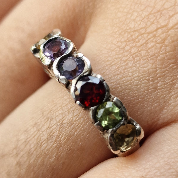 Semi-Precious Vintage Multi-Gemstone Sterling Silver Ring - Baga Ethnik Living