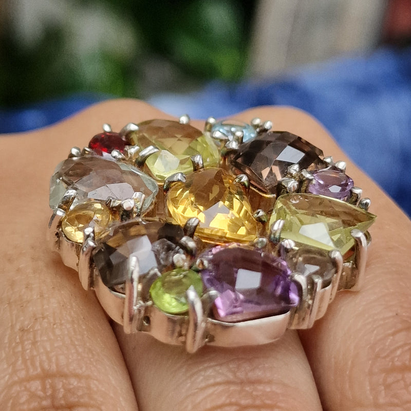 Semi Precious Faceted Multi Stone 925 Sterling Silver Ring - Baga Ethnik Living