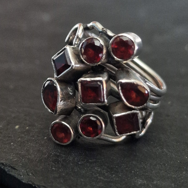 Handcrafted Artisan Himalayan Red Garnet Cluster Silver Sterling Ring