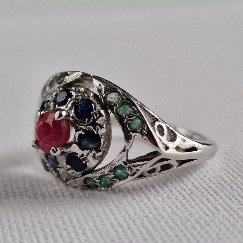 Handmade Sapphire, Ruby and Emerald Precious Silver Ring Jewellery - Baga Ethnik Living