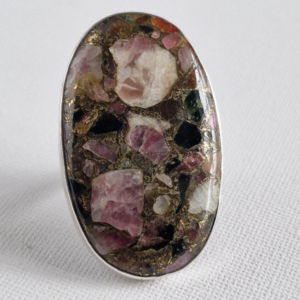 Tourmaline Copper 925 Sterling Silver Ring Size UK-P, Oval shaped Large Ring Pink Gold tone 
