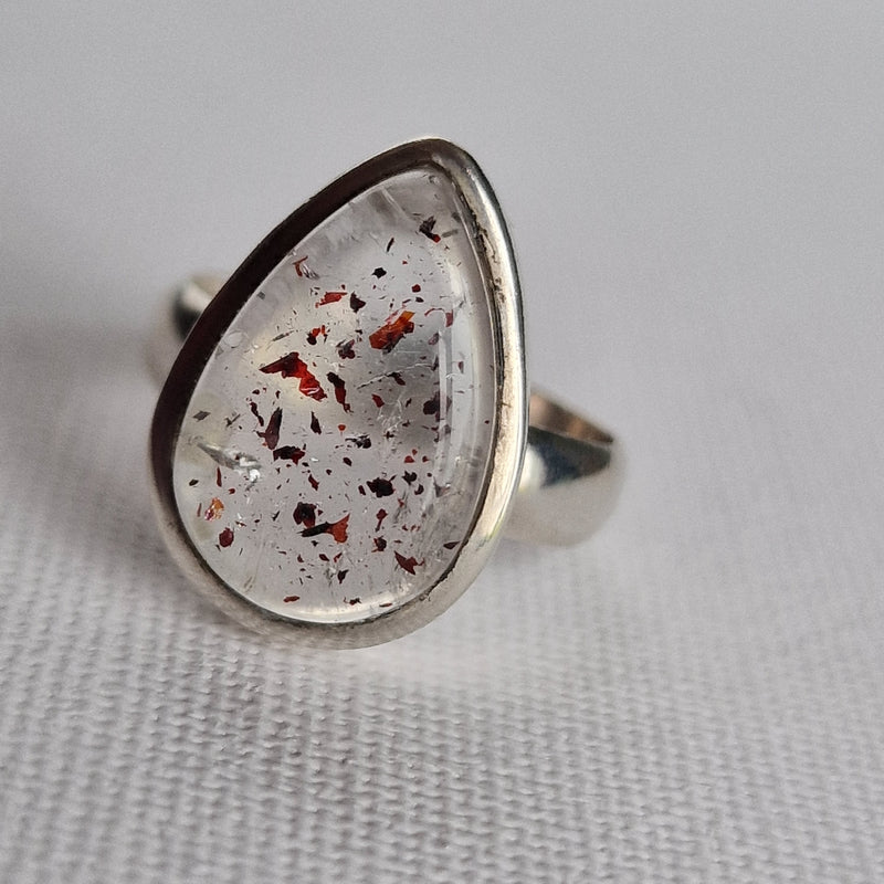 Striking Red Fire Harlequin Clear Quartz Silver Sterling 925 Ring - Baga Ethnik Living