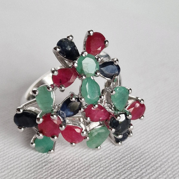 Natural Green Emerald Sapphire and Ruby Handmade 925 Sterling Silver Ring
