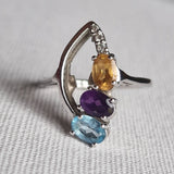 Multi Stone Amethyst Aquamarine and Citrine Silver 925 Ring - Baga Ethnik Living