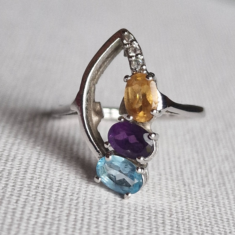 Multi Stone Amethyst Aquamarine and Citrine Silver 925 Ring - Baga Ethnik Living