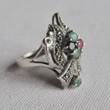 Vintage Marcasite with Sapphire Ruby Emerald Gemstone Silver Ring - Baga Ethnik Living