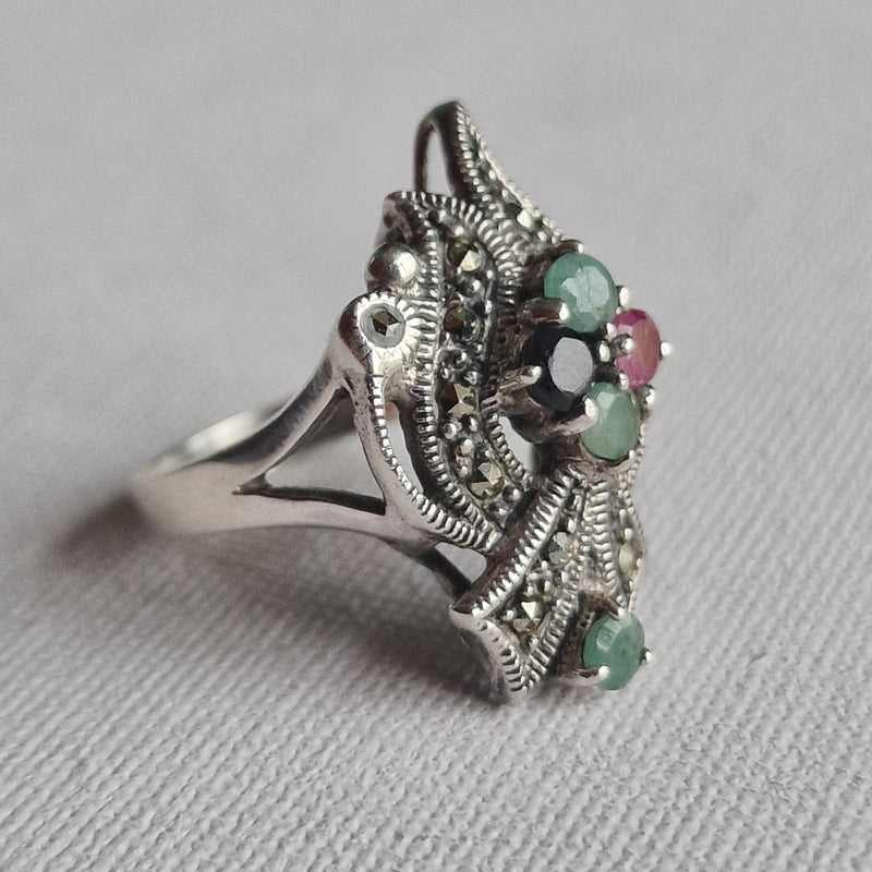 Vintage Marcasite with Sapphire Ruby Emerald Gemstone Silver Ring - Baga Ethnik Living