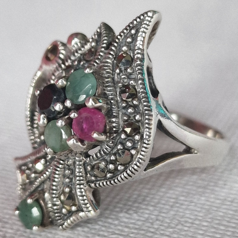 Vintage Marcasite with Sapphire Ruby Emerald Gemstone Silver Ring - Baga Ethnik Living