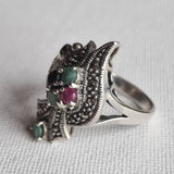 Vintage Marcasite with Sapphire Ruby Emerald Gemstone Silver Ring - Baga Ethnik Living