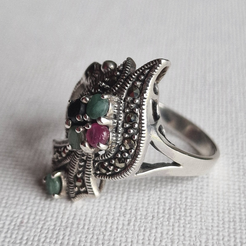 Vintage Marcasite with Sapphire Ruby Emerald Gemstone Silver Ring - Baga Ethnik Living