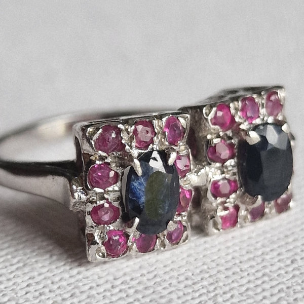 Luxury Blue Sapphire and Ruby Faceted 925 Sterling Silver Ring