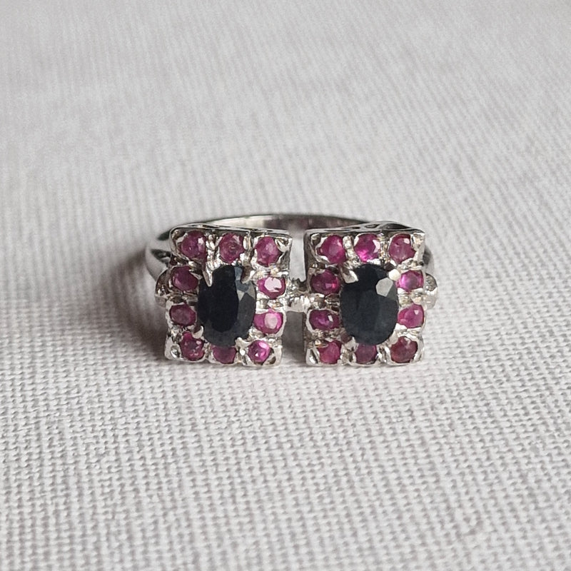 Luxury Blue Sapphire and Ruby Faceted 925 Sterling Silver Ring - Baga Ethnik Living