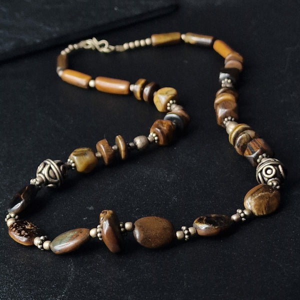 Intricate Handmade Ethnic Beaded Tiger Eye Silver Necklace - Baga Ethnik Living