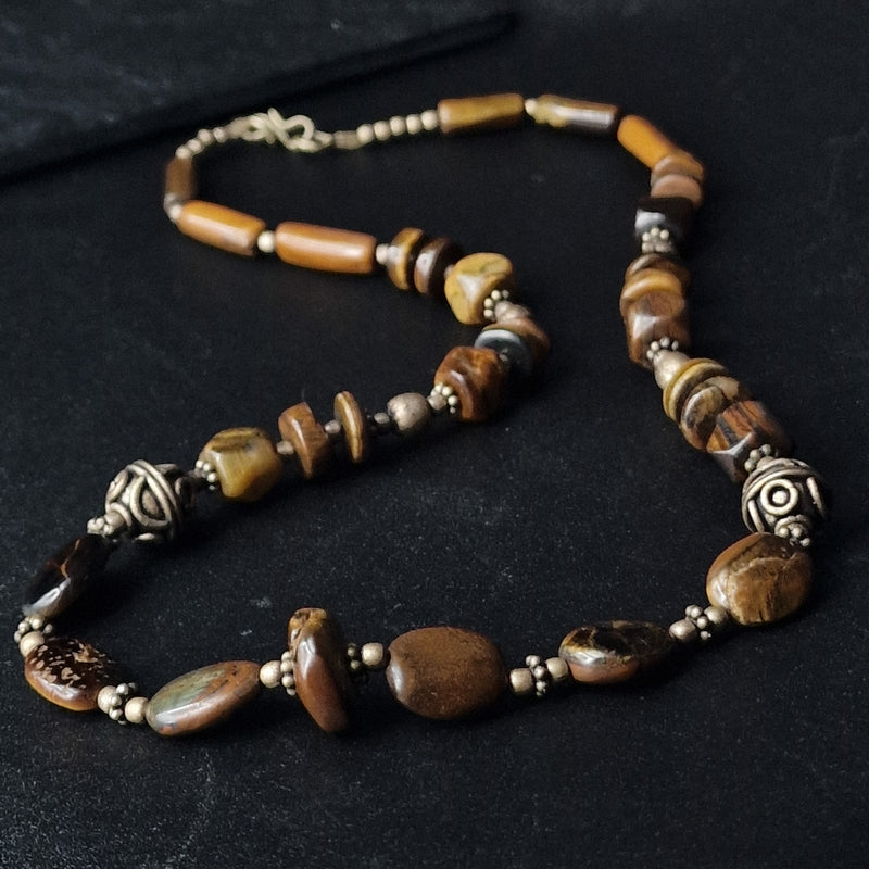 Intricate Handmade Ethnic Beaded Tiger Eye Silver Necklace - Baga Ethnik Living