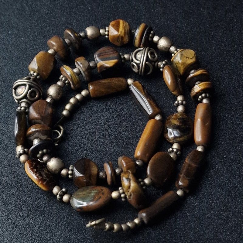 Intricate Handmade Ethnic Beaded Tiger Eye Silver Necklace - Baga Ethnik Living