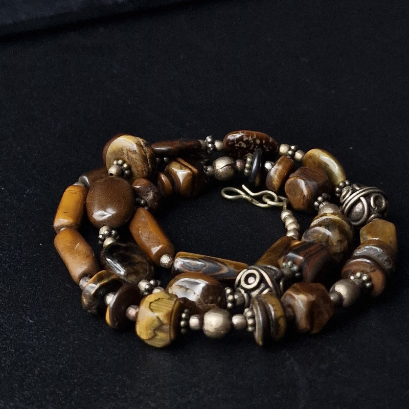 Intricate Handmade Ethnic Beaded Tiger Eye Silver Necklace - Baga Ethnik Living