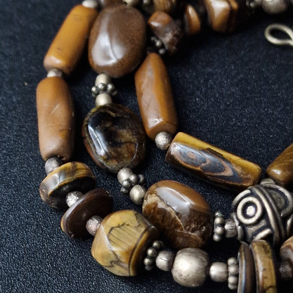 Intricate Handmade Ethnic Beaded Tiger Eye Silver Necklace - Baga Ethnik Living