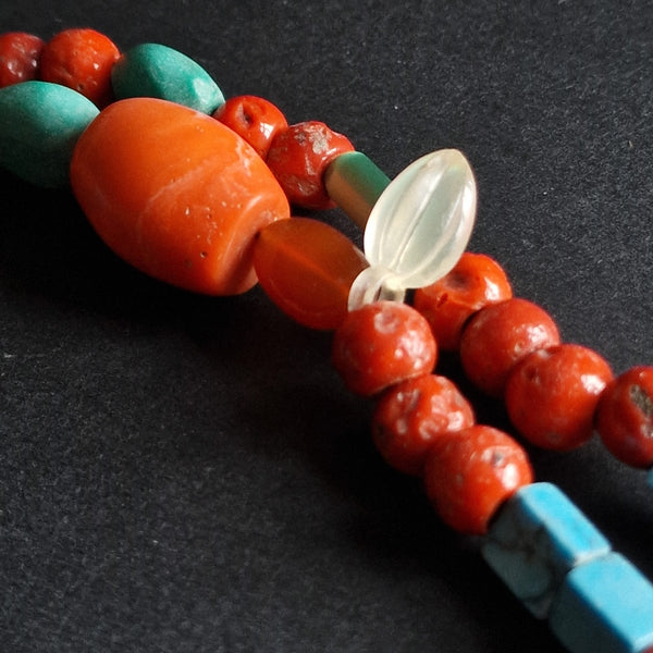 Vintage beads Tibetan Mala Necklace Of Coral, Turquoise - Baga Ethnik Living
