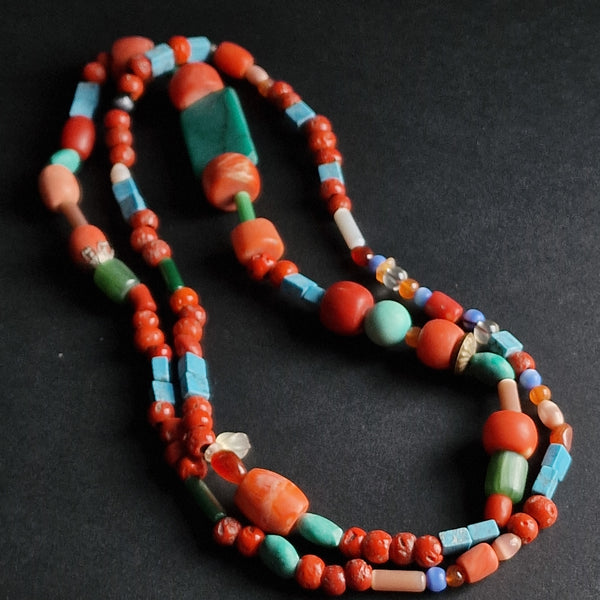 Vintage beads Tibetan Mala Necklace Of Coral, Turquoise - Baga Ethnik Living