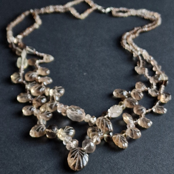 Lovely Smoky Natural Quartz Leafy Design Necklace