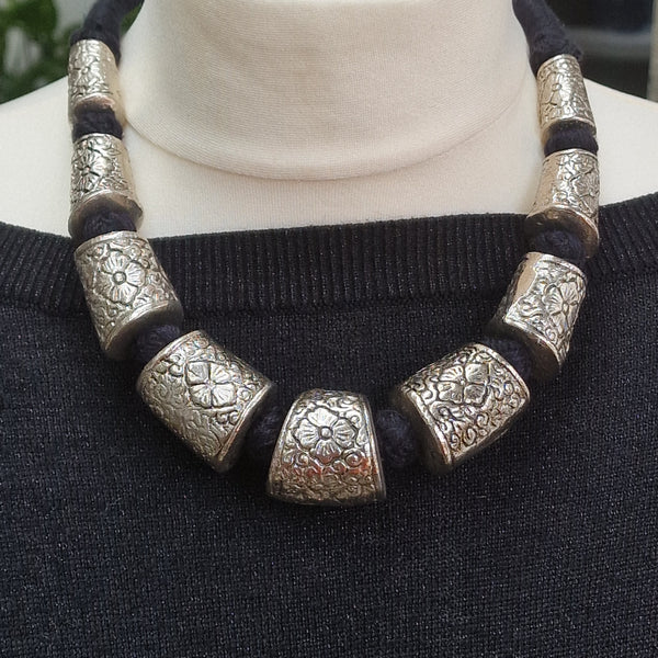 Silver Oxidised Charms Tribal Statement Necklace